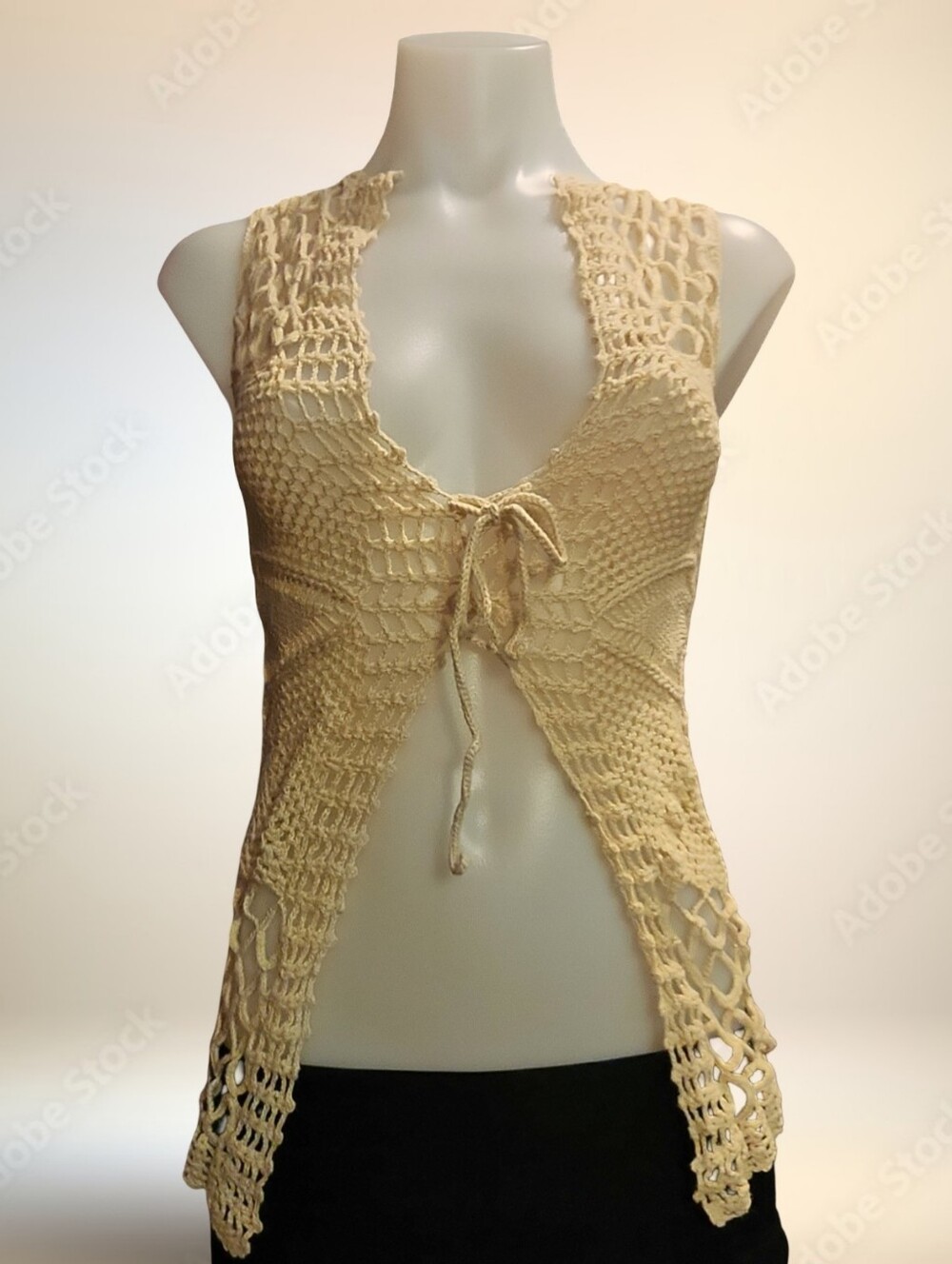 ☽Charlotte Russe Beige Crochet Tie Front Sleeveless Top Small Bohemian V-Neck☾